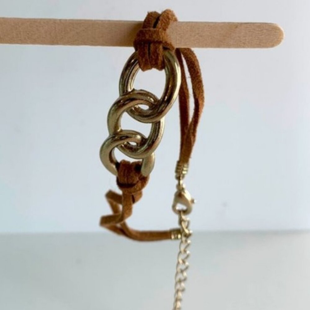 Brown Leather Bracelet with Three Gold Tone links
